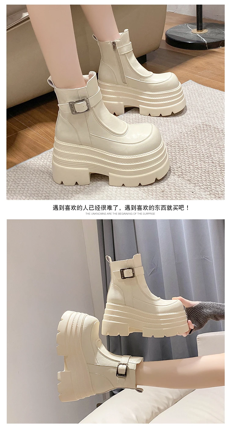 New Women Fur Ankle Boots Thick Sole Leather Combat Motorcycle Boot Autumn Winter Warm Plush High Platform Snow Shoes Woman 10CM