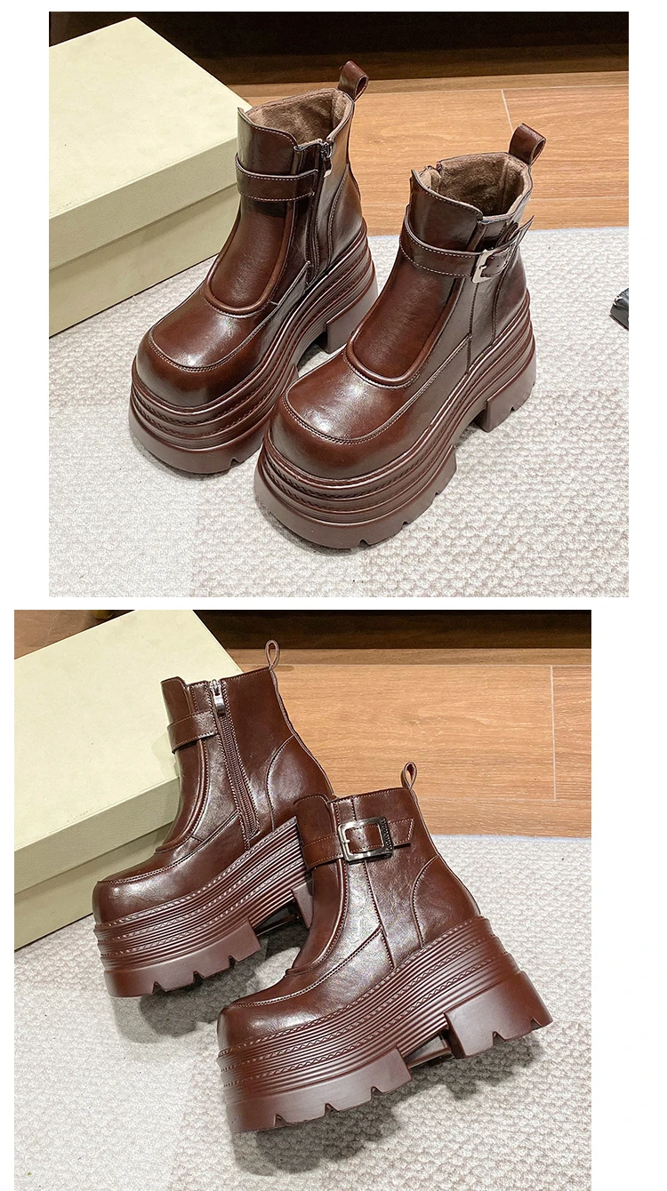New Women Fur Ankle Boots Thick Sole Leather Combat Motorcycle Boot Autumn Winter Warm Plush High Platform Snow Shoes Woman 10CM