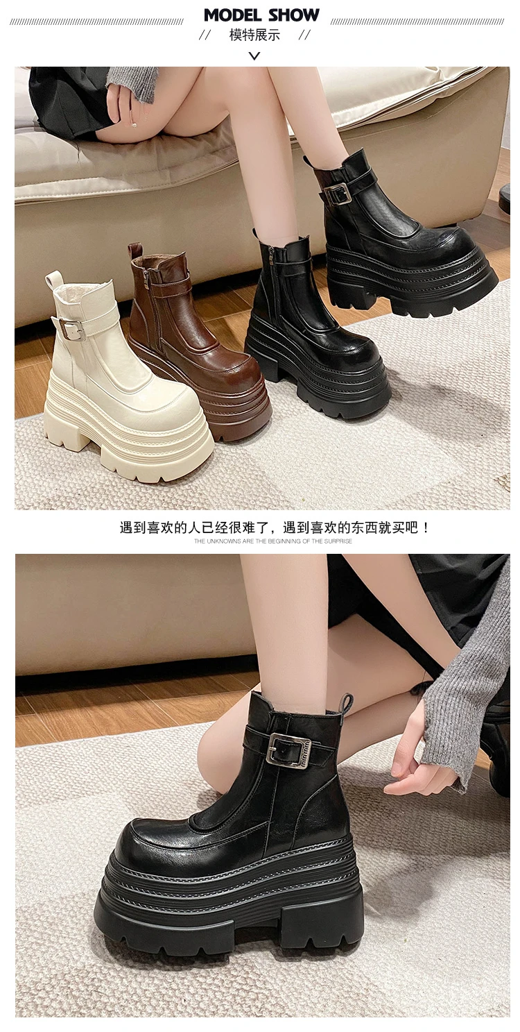 New Women Fur Ankle Boots Thick Sole Leather Combat Motorcycle Boot Autumn Winter Warm Plush High Platform Snow Shoes Woman 10CM