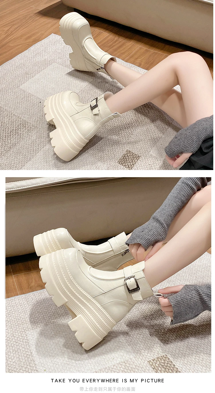 New Women Fur Ankle Boots Thick Sole Leather Combat Motorcycle Boot Autumn Winter Warm Plush High Platform Snow Shoes Woman 10CM