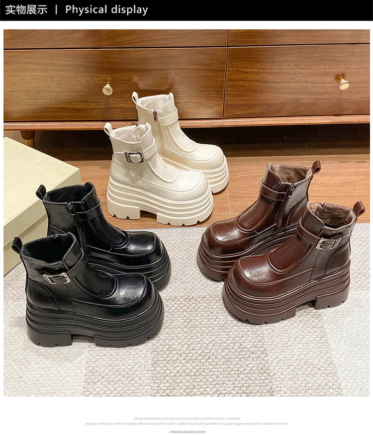 New Women Fur Ankle Boots Thick Sole Leather Combat Motorcycle Boot Autumn Winter Warm Plush High Platform Snow Shoes Woman 10CM