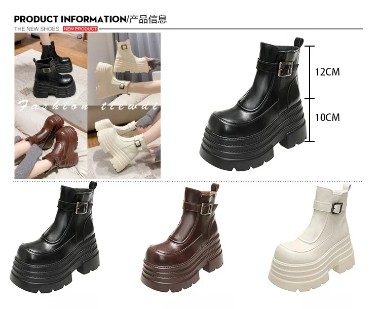 New Women Fur Ankle Boots Thick Sole Leather Combat Motorcycle Boot Autumn Winter Warm Plush High Platform Snow Shoes Woman 10CM