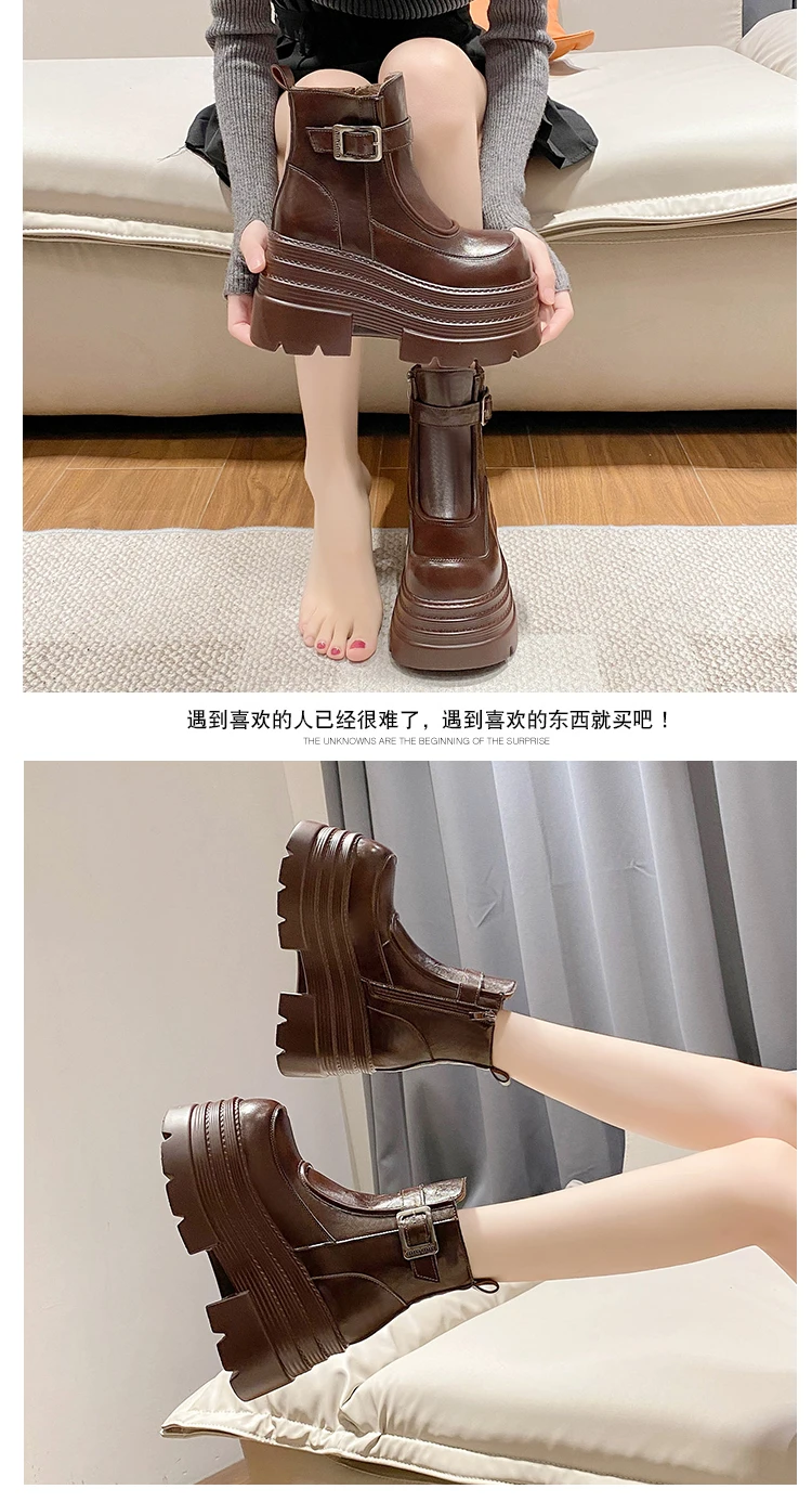 New Women Fur Ankle Boots Thick Sole Leather Combat Motorcycle Boot Autumn Winter Warm Plush High Platform Snow Shoes Woman 10CM