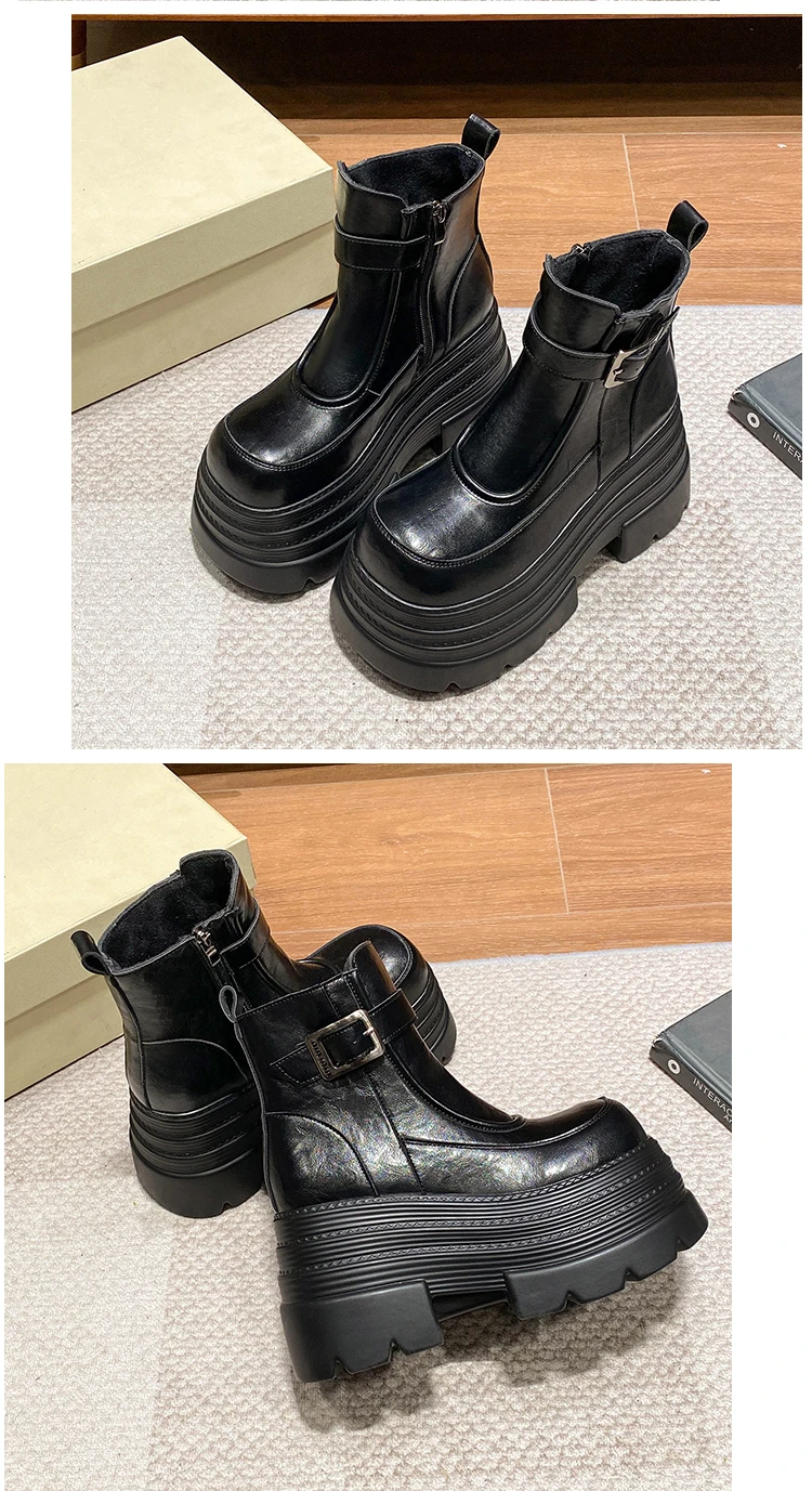New Women Fur Ankle Boots Thick Sole Leather Combat Motorcycle Boot Autumn Winter Warm Plush High Platform Snow Shoes Woman 10CM