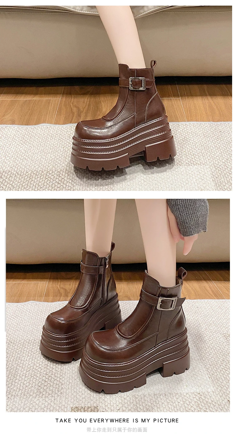 New Women Fur Ankle Boots Thick Sole Leather Combat Motorcycle Boot Autumn Winter Warm Plush High Platform Snow Shoes Woman 10CM
