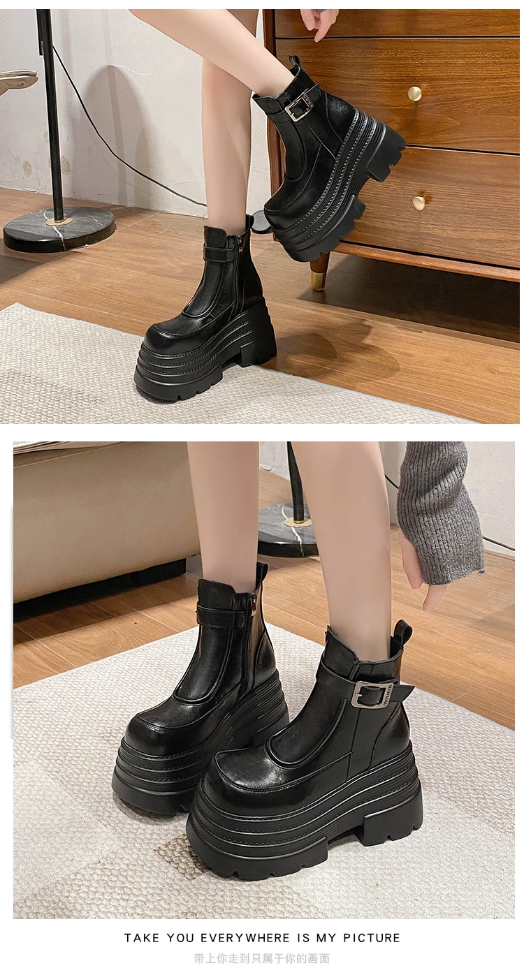 New Women Fur Ankle Boots Thick Sole Leather Combat Motorcycle Boot Autumn Winter Warm Plush High Platform Snow Shoes Woman 10CM