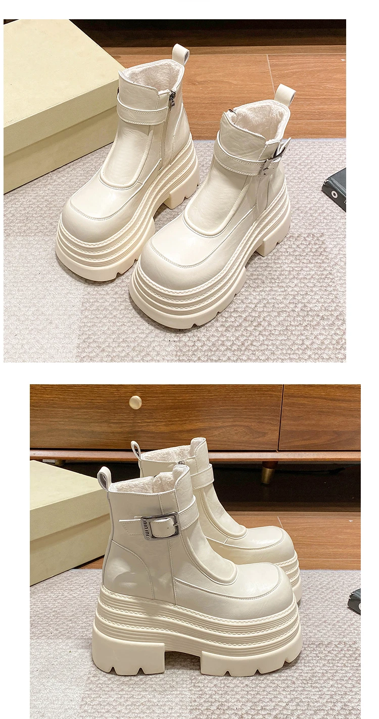 New Women Fur Ankle Boots Thick Sole Leather Combat Motorcycle Boot Autumn Winter Warm Plush High Platform Snow Shoes Woman 10CM
