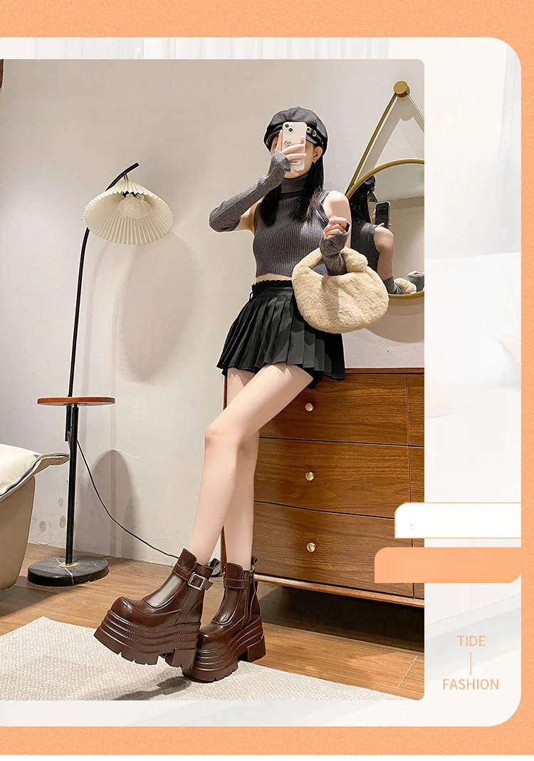 New Women Fur Ankle Boots Thick Sole Leather Combat Motorcycle Boot Autumn Winter Warm Plush High Platform Snow Shoes Woman 10CM