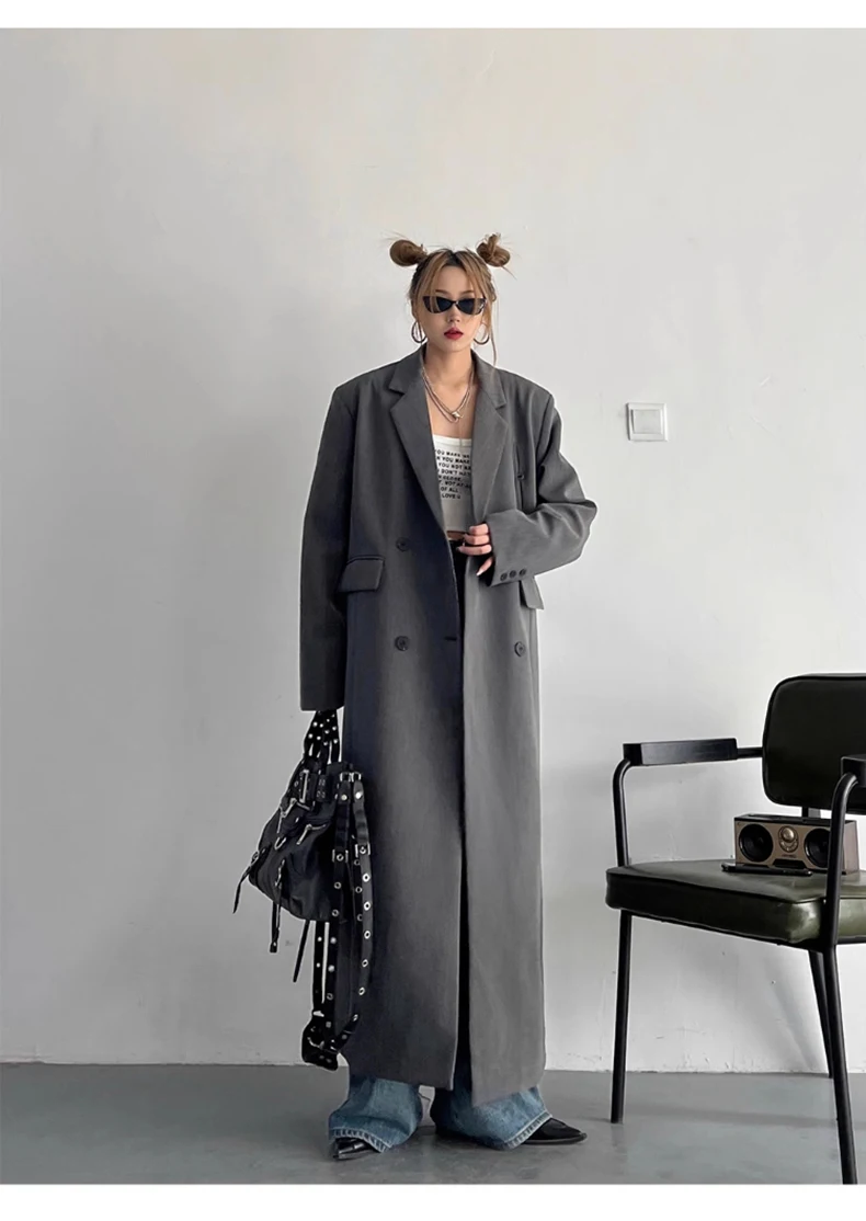 Lautaro Spring Autumn Long Grey Black Trench Coat for Women Double Breasted Loose Casual Korean Fashion Clothing Blazer 2023