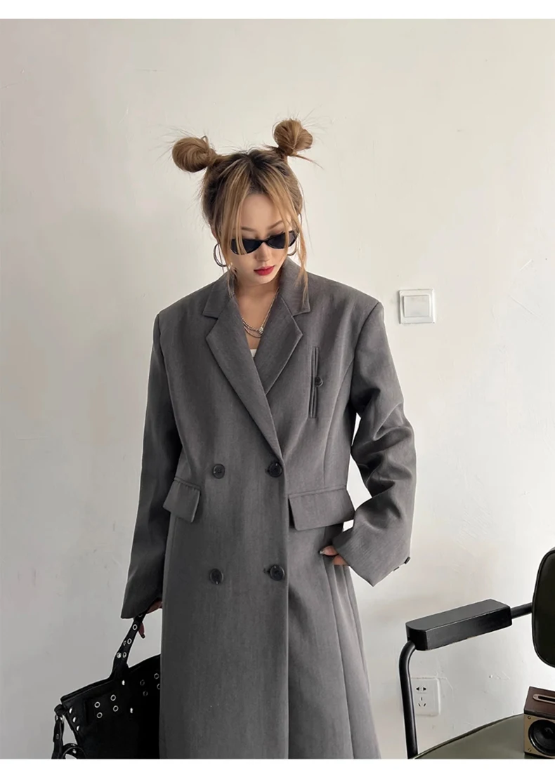 Lautaro Spring Autumn Long Grey Black Trench Coat for Women Double Breasted Loose Casual Korean Fashion Clothing Blazer 2023