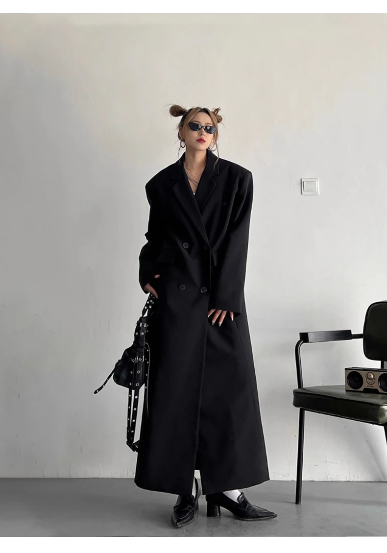 Lautaro Spring Autumn Long Grey Black Trench Coat for Women Double Breasted Loose Casual Korean Fashion Clothing Blazer 2023