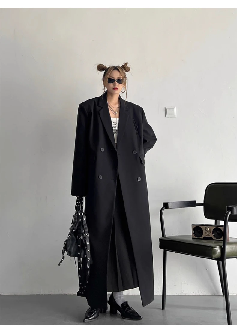 Lautaro Spring Autumn Long Grey Black Trench Coat for Women Double Breasted Loose Casual Korean Fashion Clothing Blazer 2023