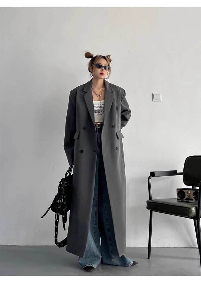 Lautaro Spring Autumn Long Grey Black Trench Coat for Women Double Breasted Loose Casual Korean Fashion Clothing Blazer 2023