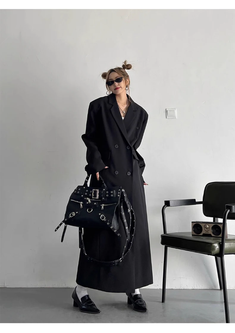 Lautaro Spring Autumn Long Grey Black Trench Coat for Women Double Breasted Loose Casual Korean Fashion Clothing Blazer 2023