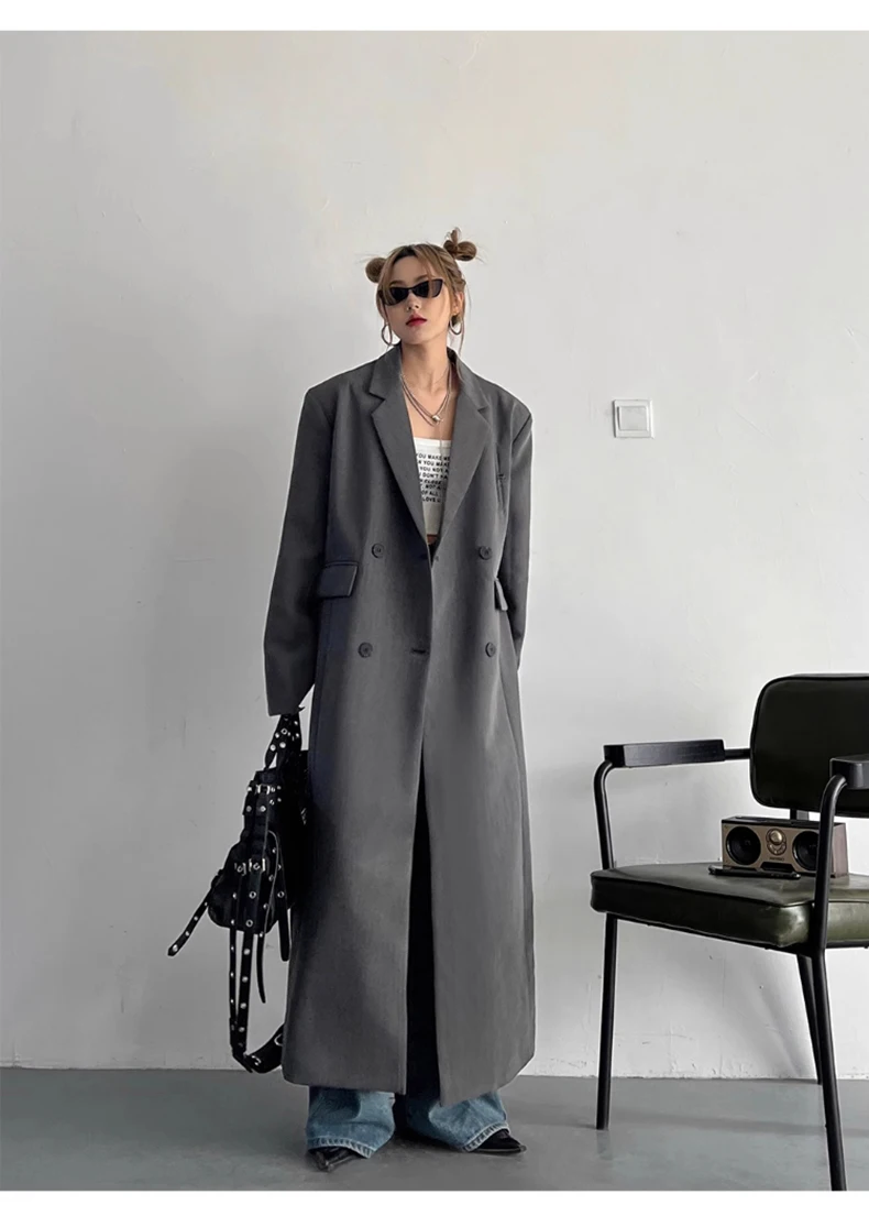 Lautaro Spring Autumn Long Grey Black Trench Coat for Women Double Breasted Loose Casual Korean Fashion Clothing Blazer 2023