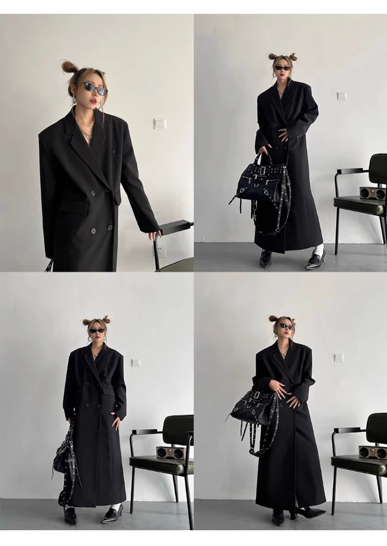 Lautaro Spring Autumn Long Grey Black Trench Coat for Women Double Breasted Loose Casual Korean Fashion Clothing Blazer 2023
