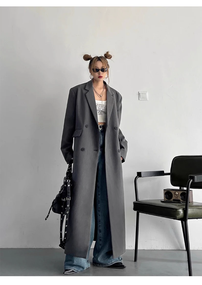 Lautaro Spring Autumn Long Grey Black Trench Coat for Women Double Breasted Loose Casual Korean Fashion Clothing Blazer 2023