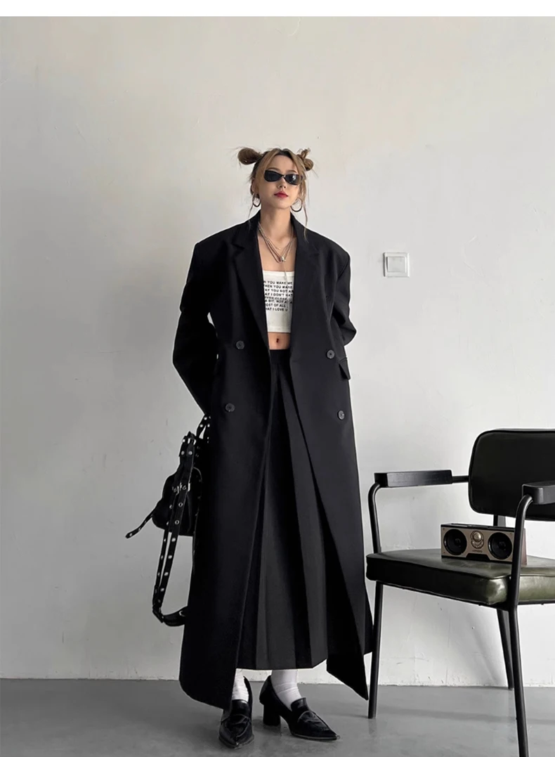 Lautaro Spring Autumn Long Grey Black Trench Coat for Women Double Breasted Loose Casual Korean Fashion Clothing Blazer 2023