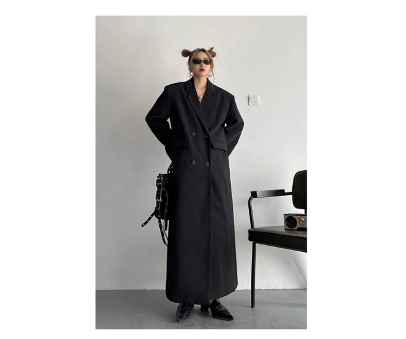Lautaro Spring Autumn Long Grey Black Trench Coat for Women Double Breasted Loose Casual Korean Fashion Clothing Blazer 2023