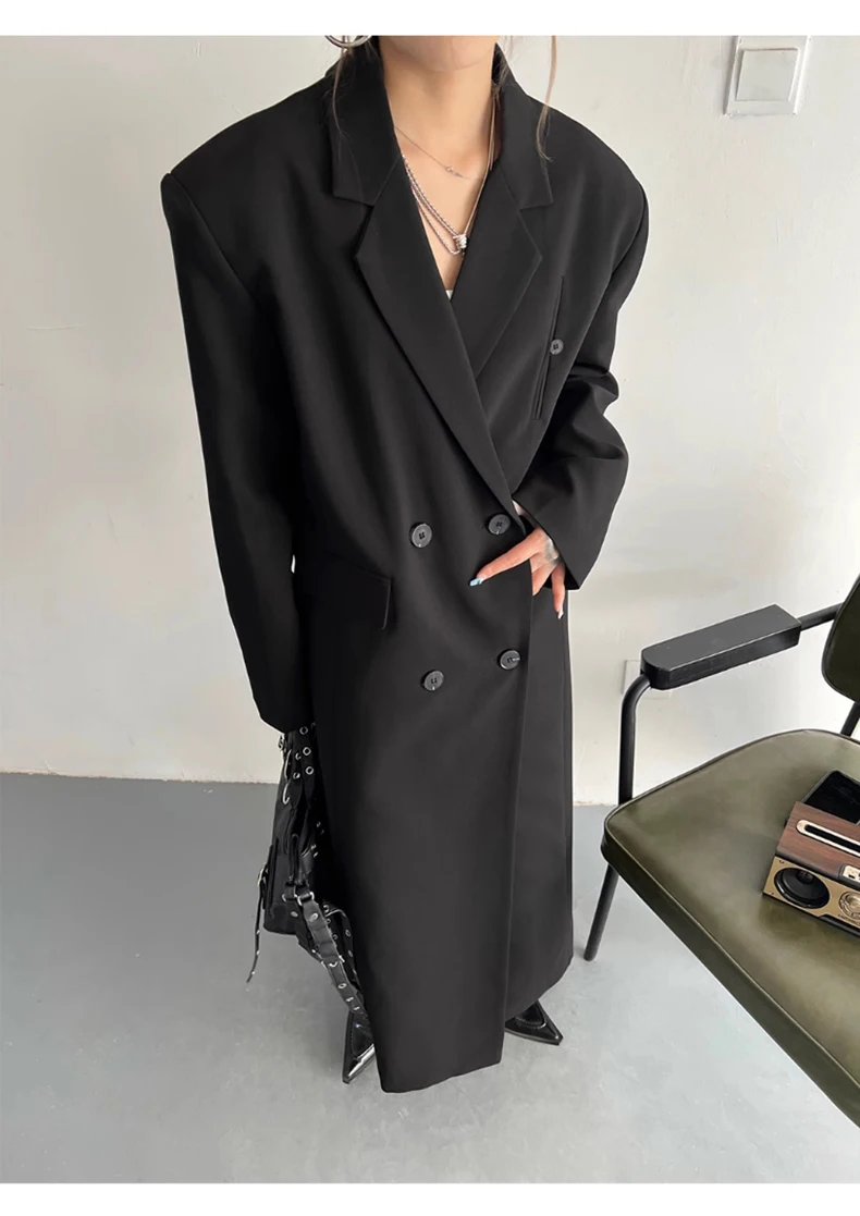 Lautaro Spring Autumn Long Grey Black Trench Coat for Women Double Breasted Loose Casual Korean Fashion Clothing Blazer 2023