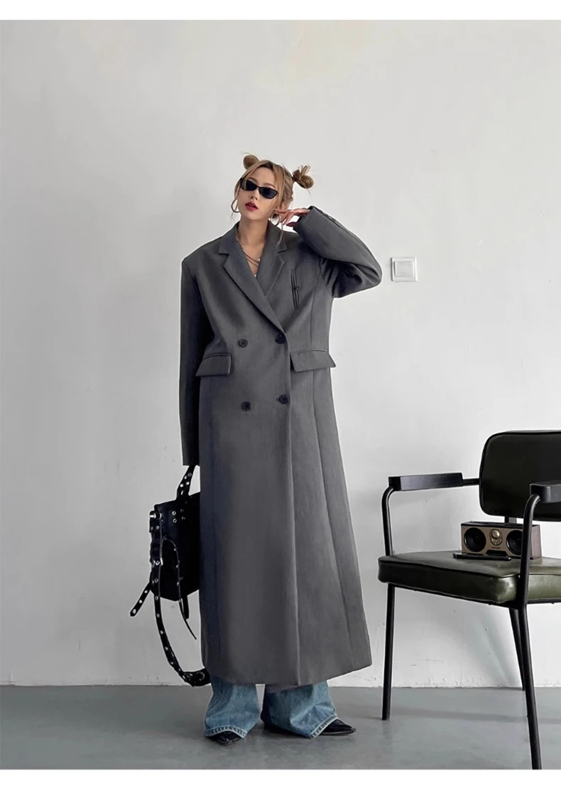 Lautaro Spring Autumn Long Grey Black Trench Coat for Women Double Breasted Loose Casual Korean Fashion Clothing Blazer 2023