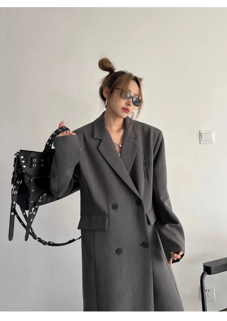 Lautaro Spring Autumn Long Grey Black Trench Coat for Women Double Breasted Loose Casual Korean Fashion Clothing Blazer 2023