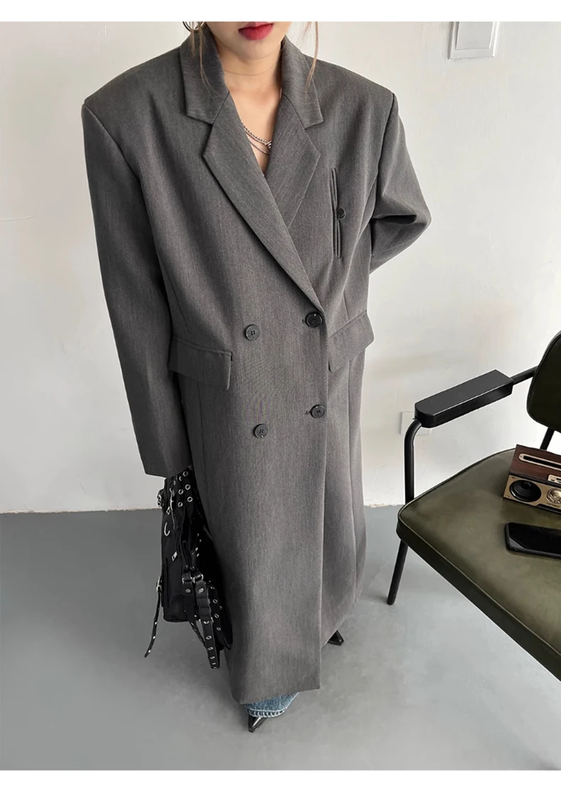 Lautaro Spring Autumn Long Grey Black Trench Coat for Women Double Breasted Loose Casual Korean Fashion Clothing Blazer 2023