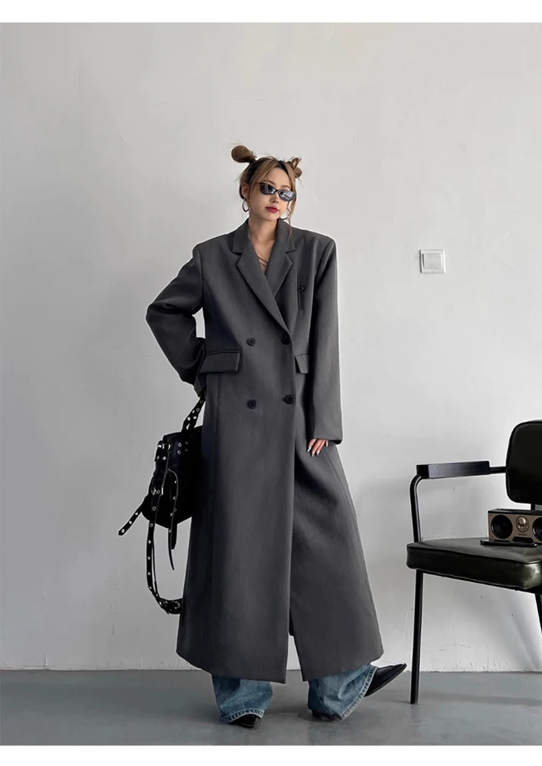 Lautaro Spring Autumn Long Grey Black Trench Coat for Women Double Breasted Loose Casual Korean Fashion Clothing Blazer 2023