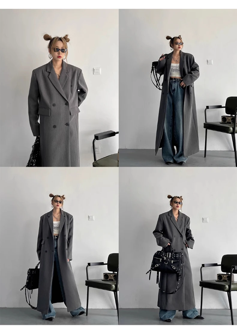 Lautaro Spring Autumn Long Grey Black Trench Coat for Women Double Breasted Loose Casual Korean Fashion Clothing Blazer 2023