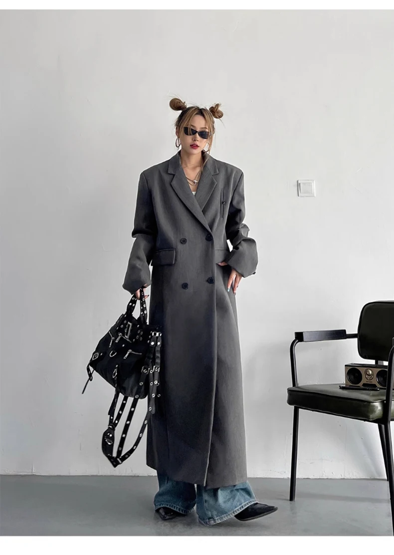 Lautaro Spring Autumn Long Grey Black Trench Coat for Women Double Breasted Loose Casual Korean Fashion Clothing Blazer 2023
