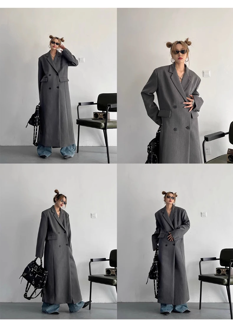 Lautaro Spring Autumn Long Grey Black Trench Coat for Women Double Breasted Loose Casual Korean Fashion Clothing Blazer 2023