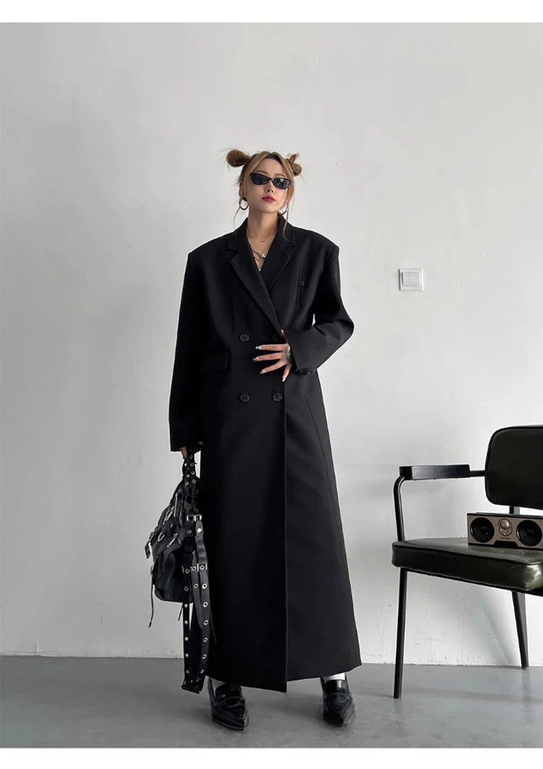 Lautaro Spring Autumn Long Grey Black Trench Coat for Women Double Breasted Loose Casual Korean Fashion Clothing Blazer 2023
