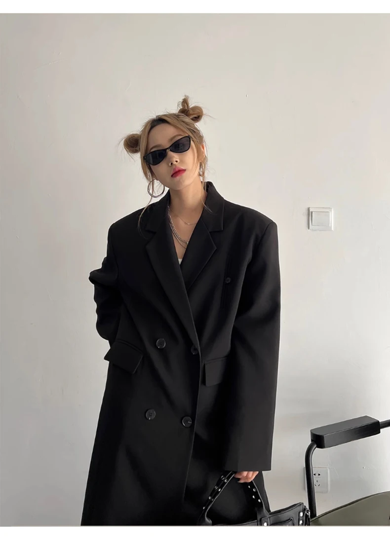 Lautaro Spring Autumn Long Grey Black Trench Coat for Women Double Breasted Loose Casual Korean Fashion Clothing Blazer 2023