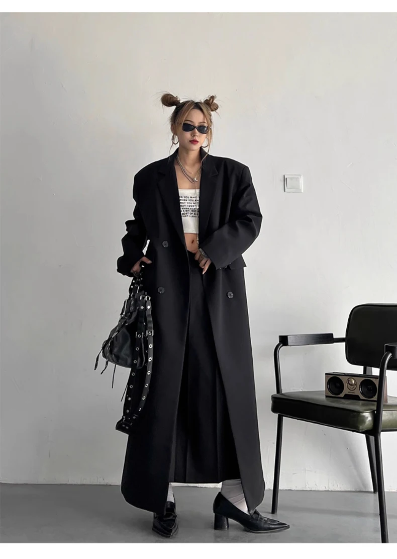 Lautaro Spring Autumn Long Grey Black Trench Coat for Women Double Breasted Loose Casual Korean Fashion Clothing Blazer 2023
