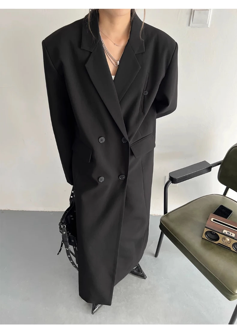Lautaro Spring Autumn Long Grey Black Trench Coat for Women Double Breasted Loose Casual Korean Fashion Clothing Blazer 2023