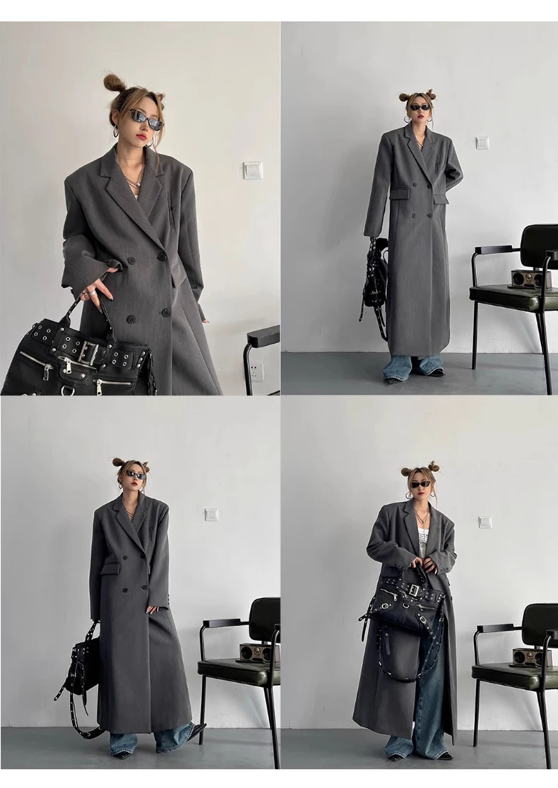 Lautaro Spring Autumn Long Grey Black Trench Coat for Women Double Breasted Loose Casual Korean Fashion Clothing Blazer 2023