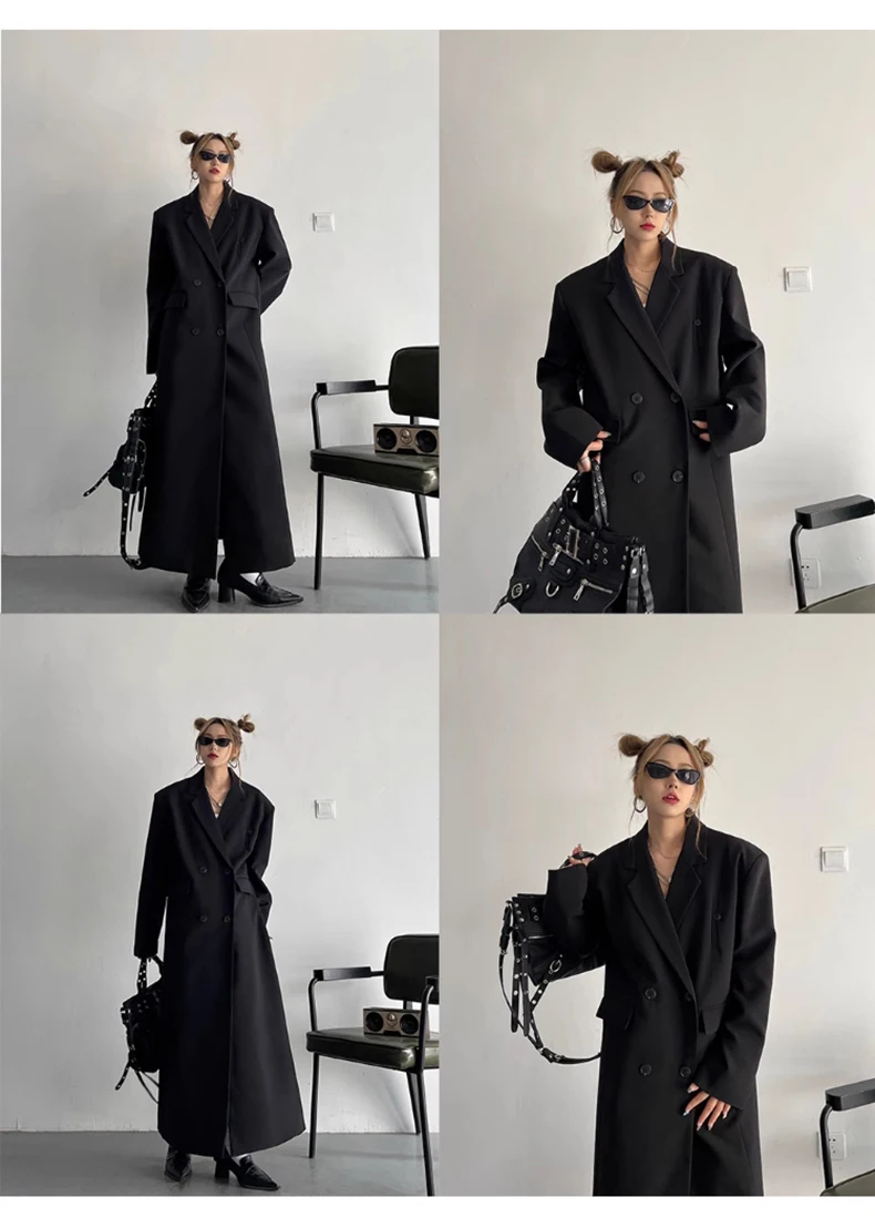 Lautaro Spring Autumn Long Grey Black Trench Coat for Women Double Breasted Loose Casual Korean Fashion Clothing Blazer 2023