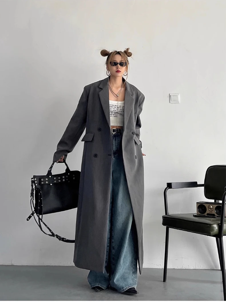 Lautaro Spring Autumn Long Grey Black Trench Coat for Women Double Breasted Loose Casual Korean Fashion Clothing Blazer 2023