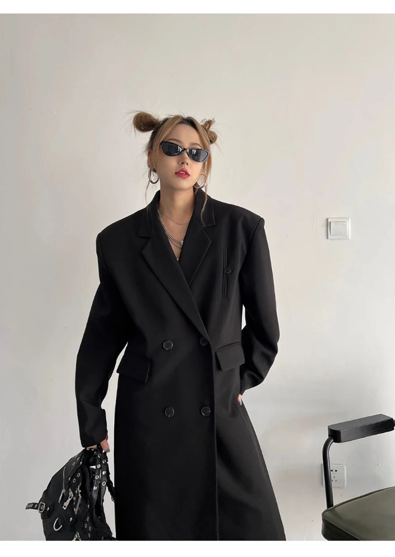Lautaro Spring Autumn Long Grey Black Trench Coat for Women Double Breasted Loose Casual Korean Fashion Clothing Blazer 2023