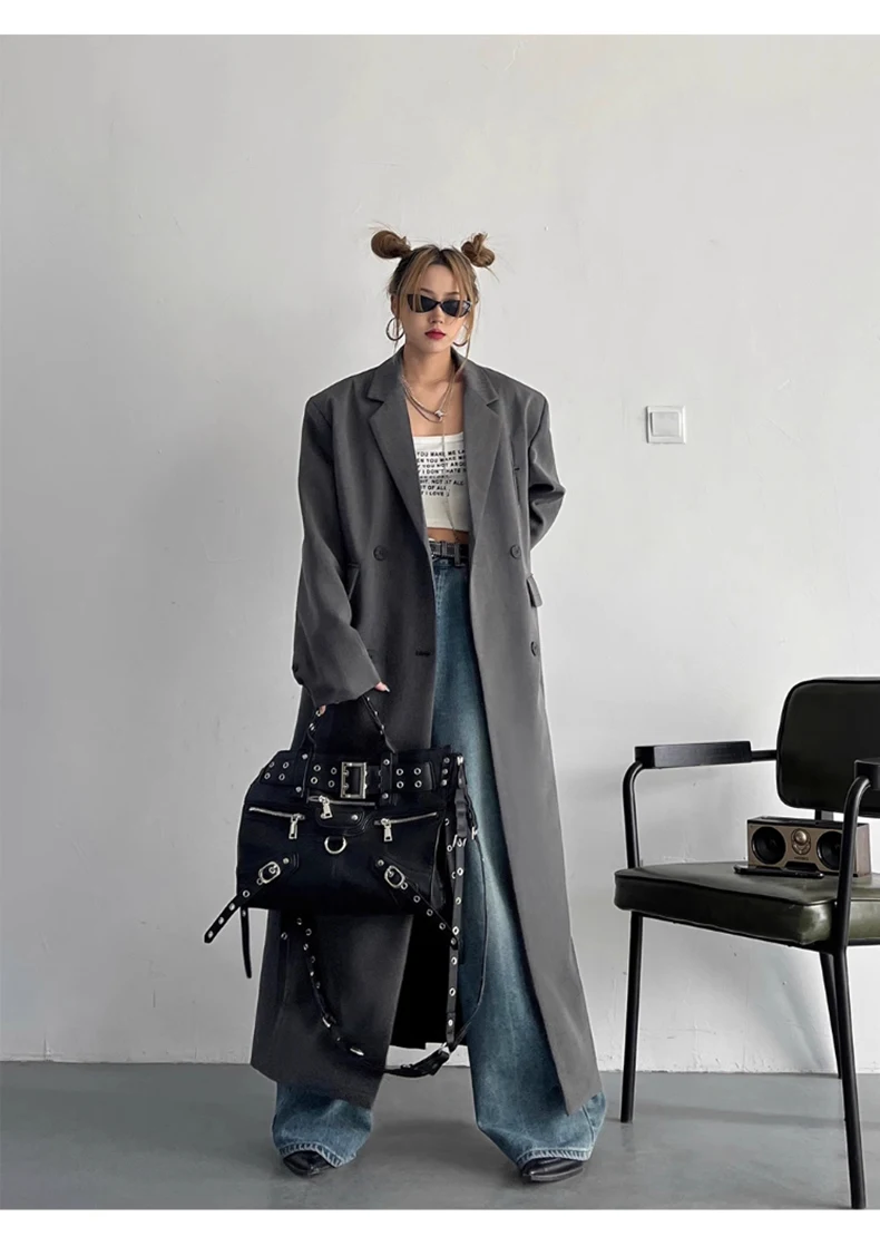 Lautaro Spring Autumn Long Grey Black Trench Coat for Women Double Breasted Loose Casual Korean Fashion Clothing Blazer 2023