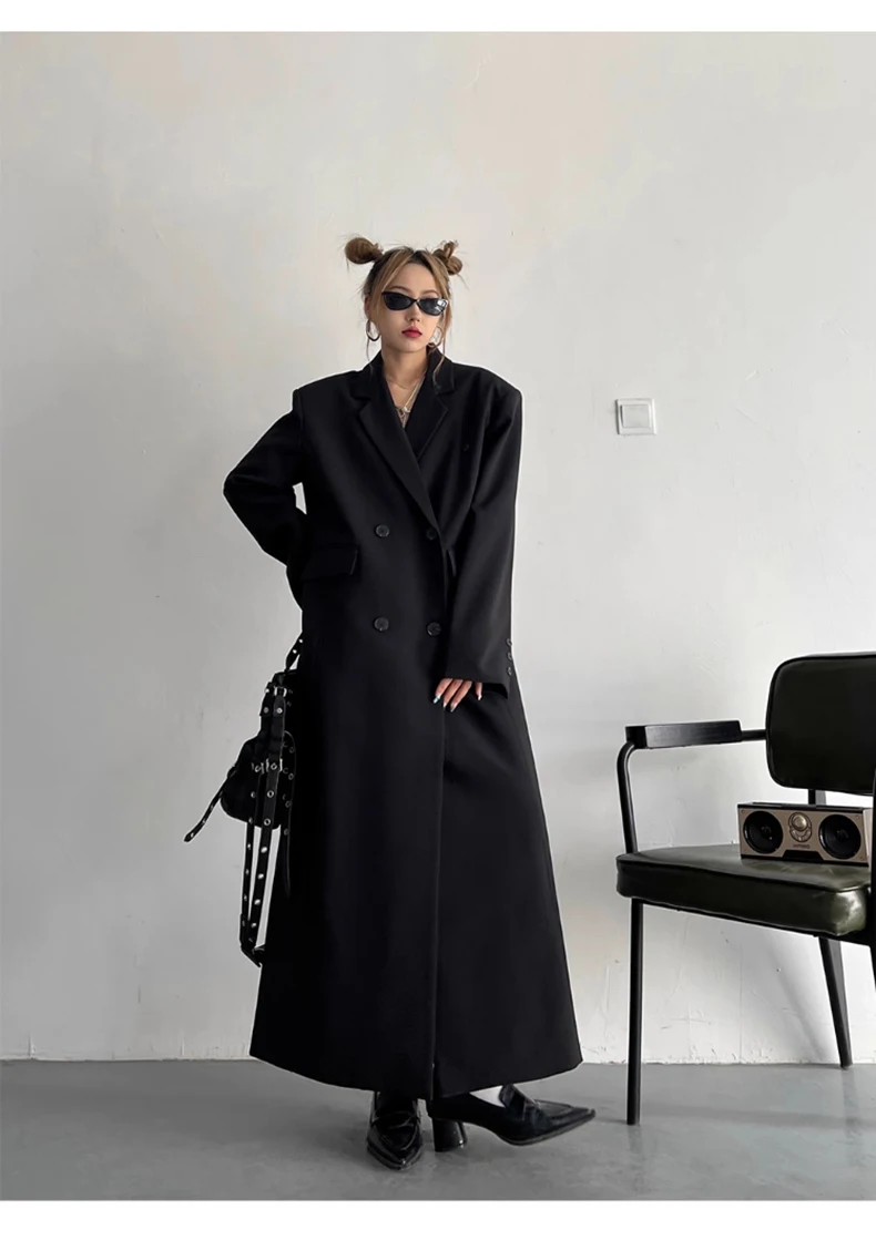 Lautaro Spring Autumn Long Grey Black Trench Coat for Women Double Breasted Loose Casual Korean Fashion Clothing Blazer 2023