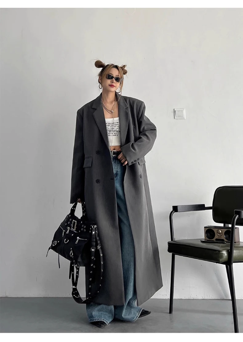 Lautaro Spring Autumn Long Grey Black Trench Coat for Women Double Breasted Loose Casual Korean Fashion Clothing Blazer 2023