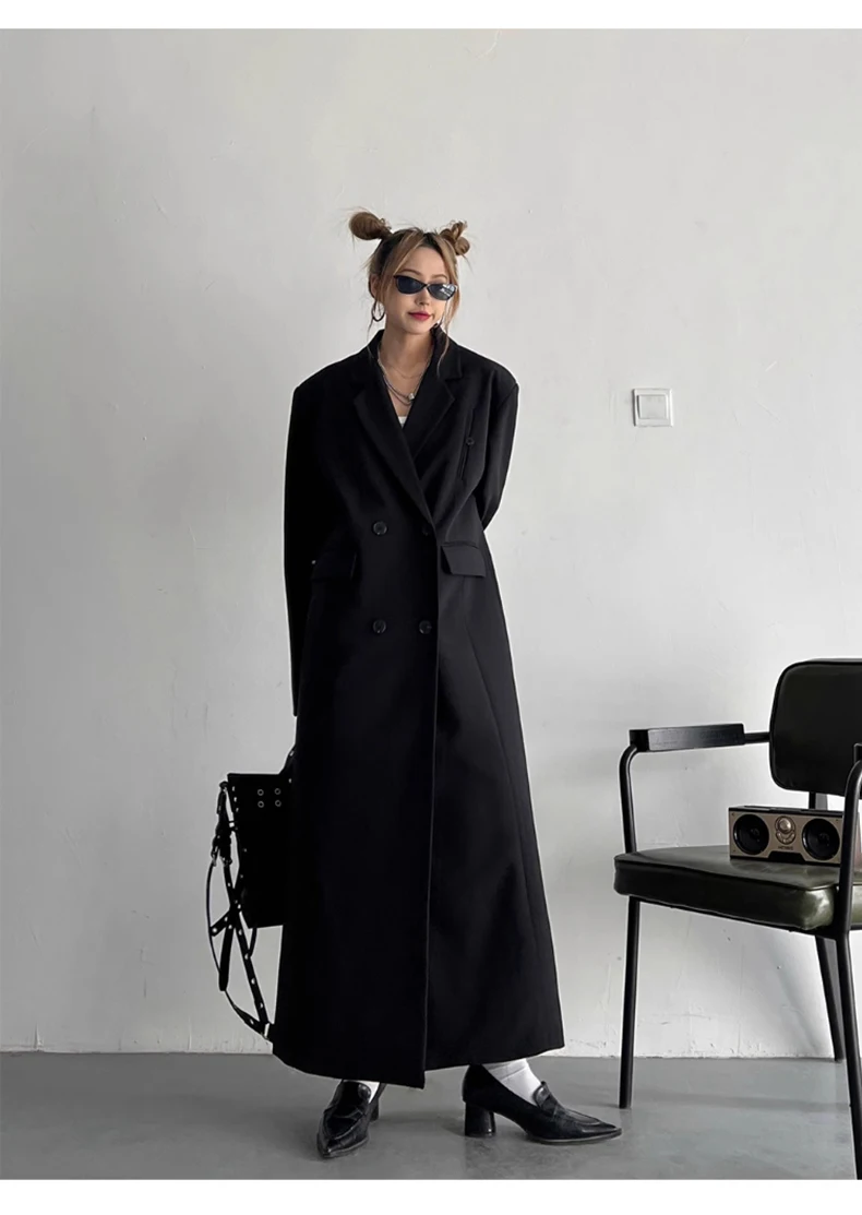 Lautaro Spring Autumn Long Grey Black Trench Coat for Women Double Breasted Loose Casual Korean Fashion Clothing Blazer 2023