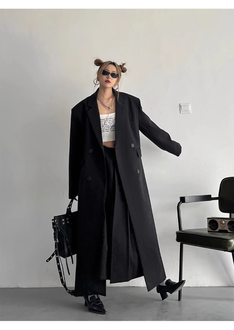 Lautaro Spring Autumn Long Grey Black Trench Coat for Women Double Breasted Loose Casual Korean Fashion Clothing Blazer 2023