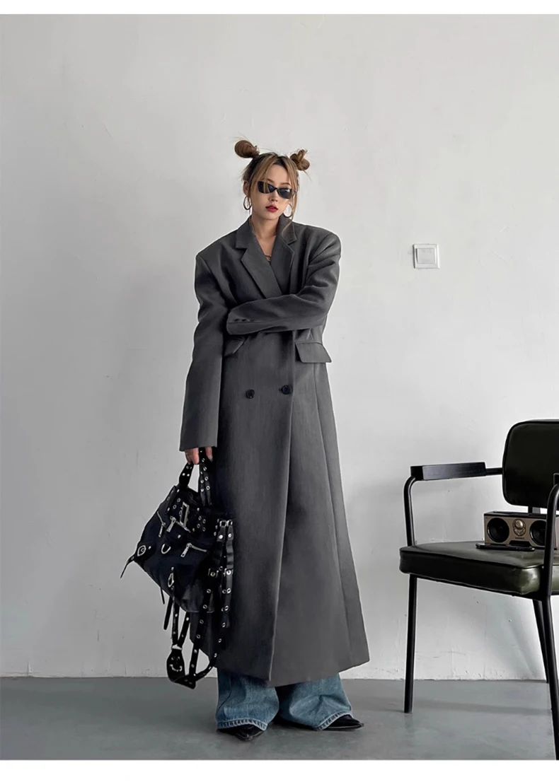 Lautaro Spring Autumn Long Grey Black Trench Coat for Women Double Breasted Loose Casual Korean Fashion Clothing Blazer 2023