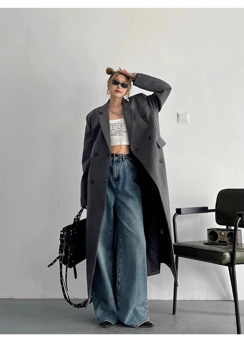 Lautaro Spring Autumn Long Grey Black Trench Coat for Women Double Breasted Loose Casual Korean Fashion Clothing Blazer 2023