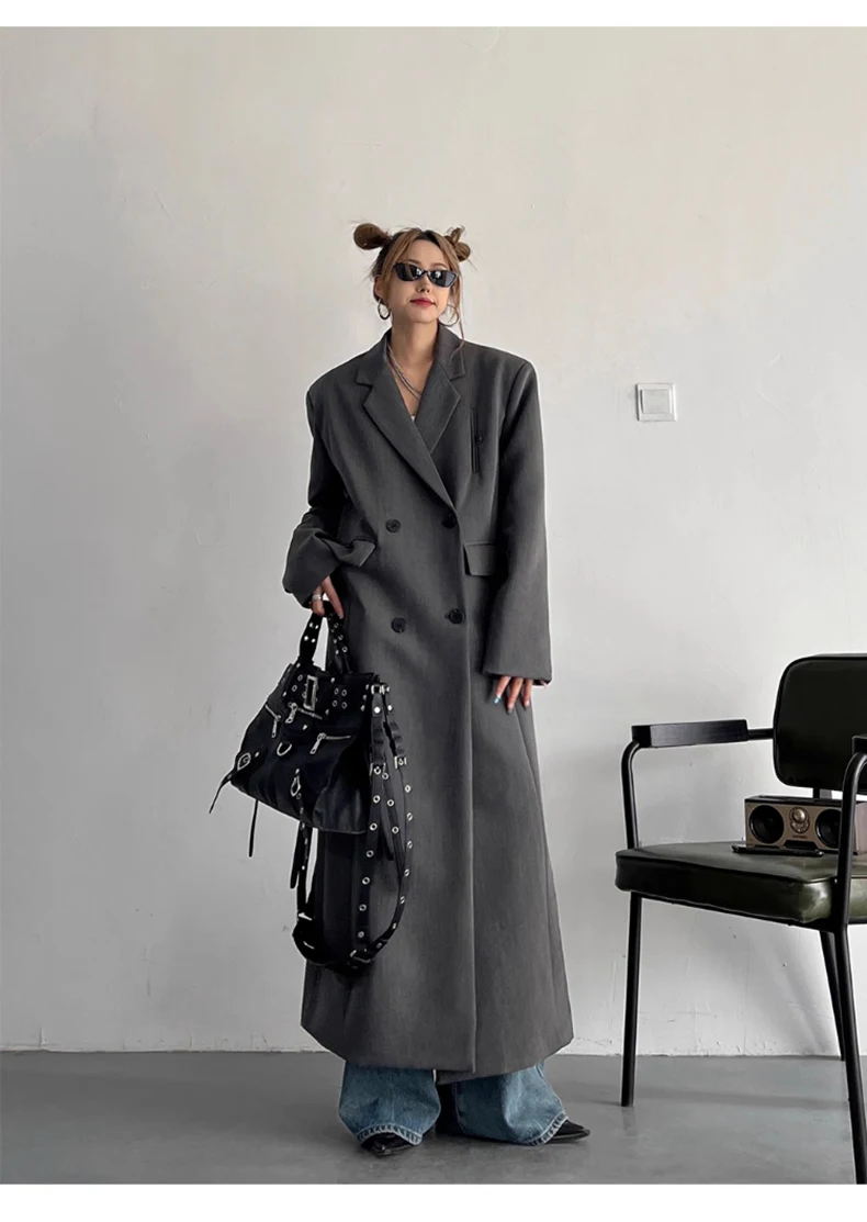 Lautaro Spring Autumn Long Grey Black Trench Coat for Women Double Breasted Loose Casual Korean Fashion Clothing Blazer 2023