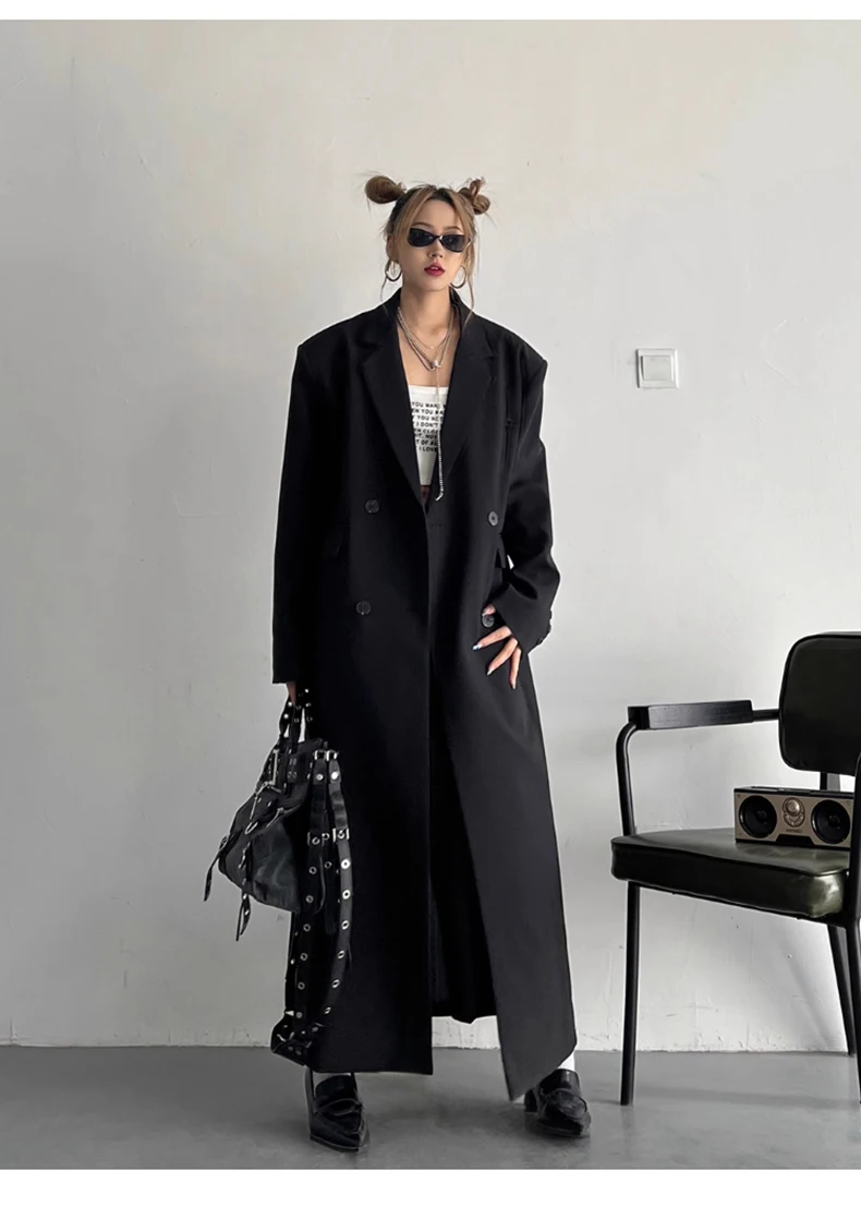 Lautaro Spring Autumn Long Grey Black Trench Coat for Women Double Breasted Loose Casual Korean Fashion Clothing Blazer 2023