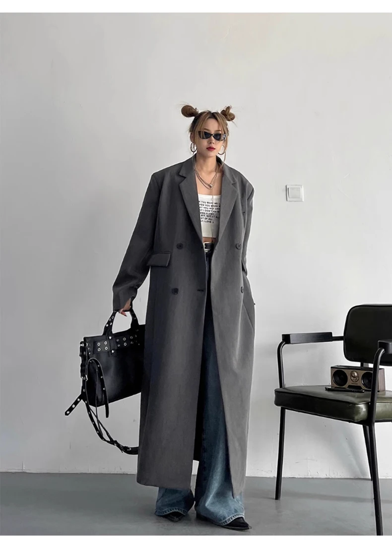 Lautaro Spring Autumn Long Grey Black Trench Coat for Women Double Breasted Loose Casual Korean Fashion Clothing Blazer 2023