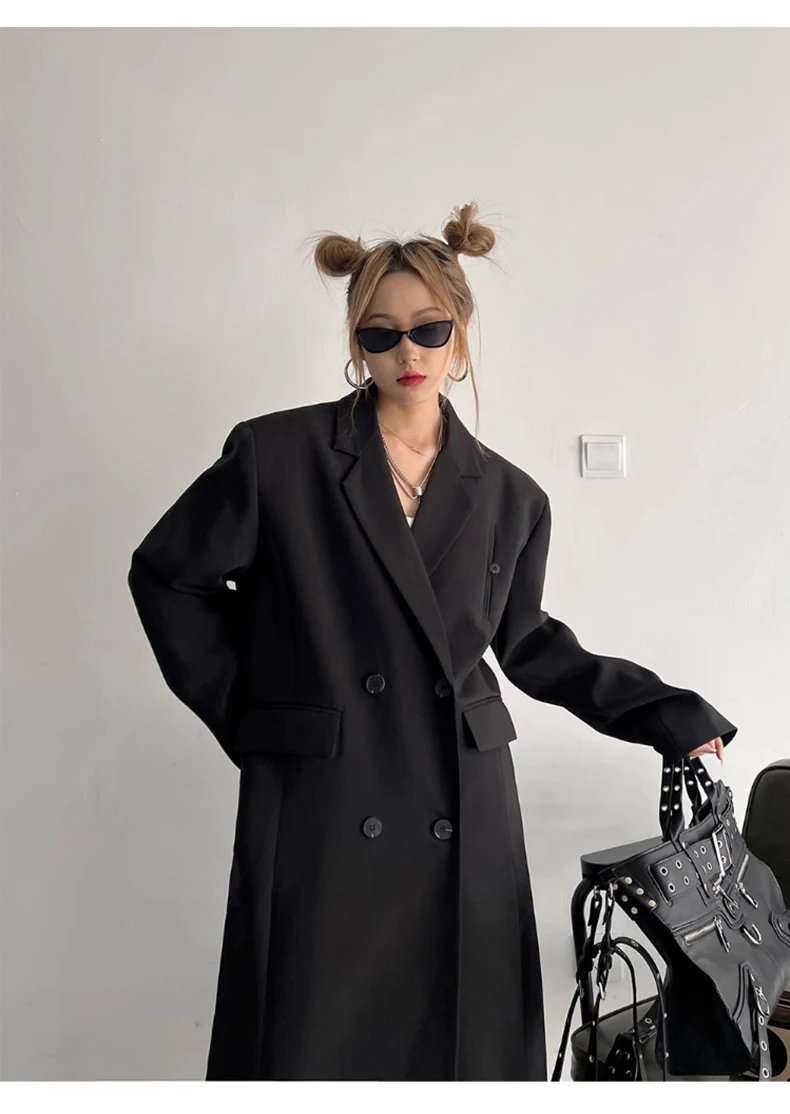 Lautaro Spring Autumn Long Grey Black Trench Coat for Women Double Breasted Loose Casual Korean Fashion Clothing Blazer 2023